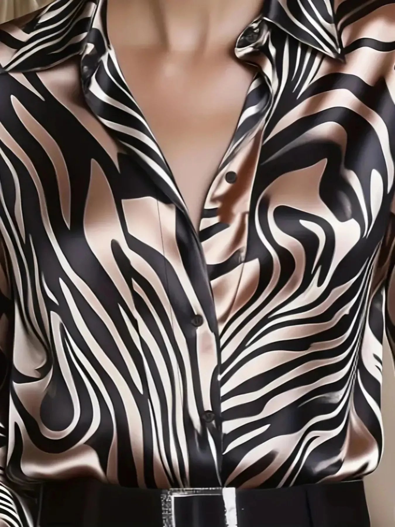 Zebra Print Satin Button Up Shirt | Black & White