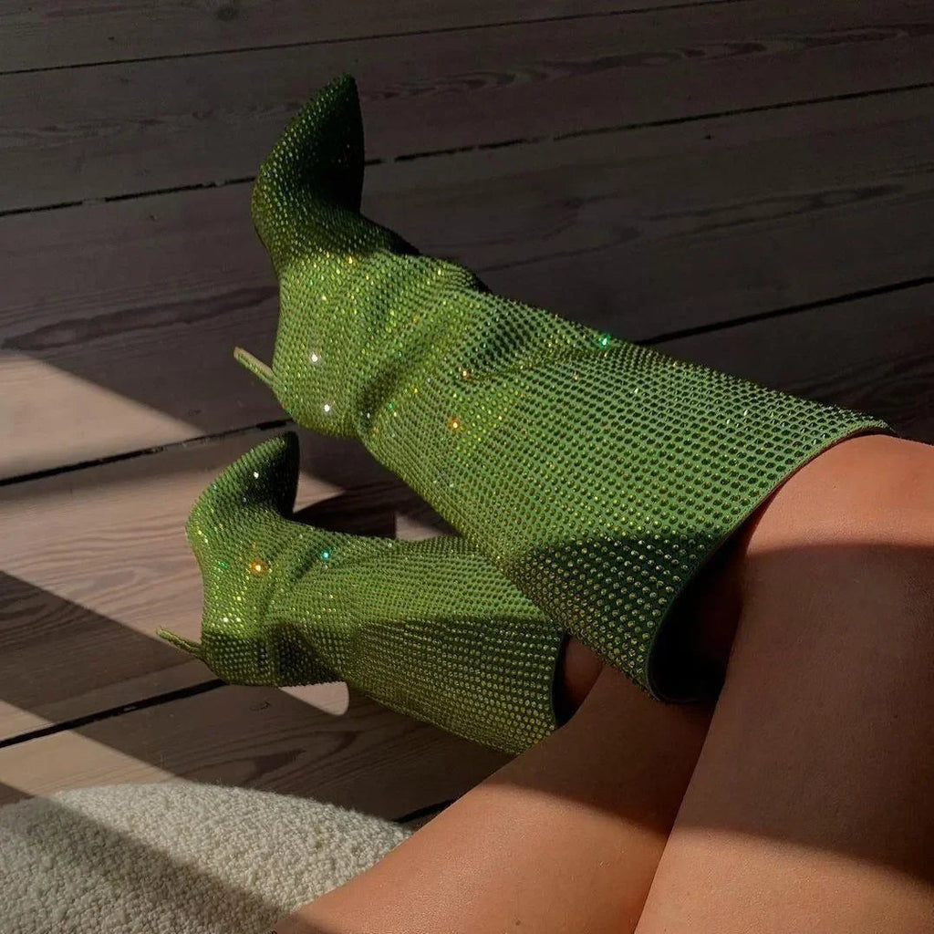 Fashionista Green Rhinestone Stiletto Boots