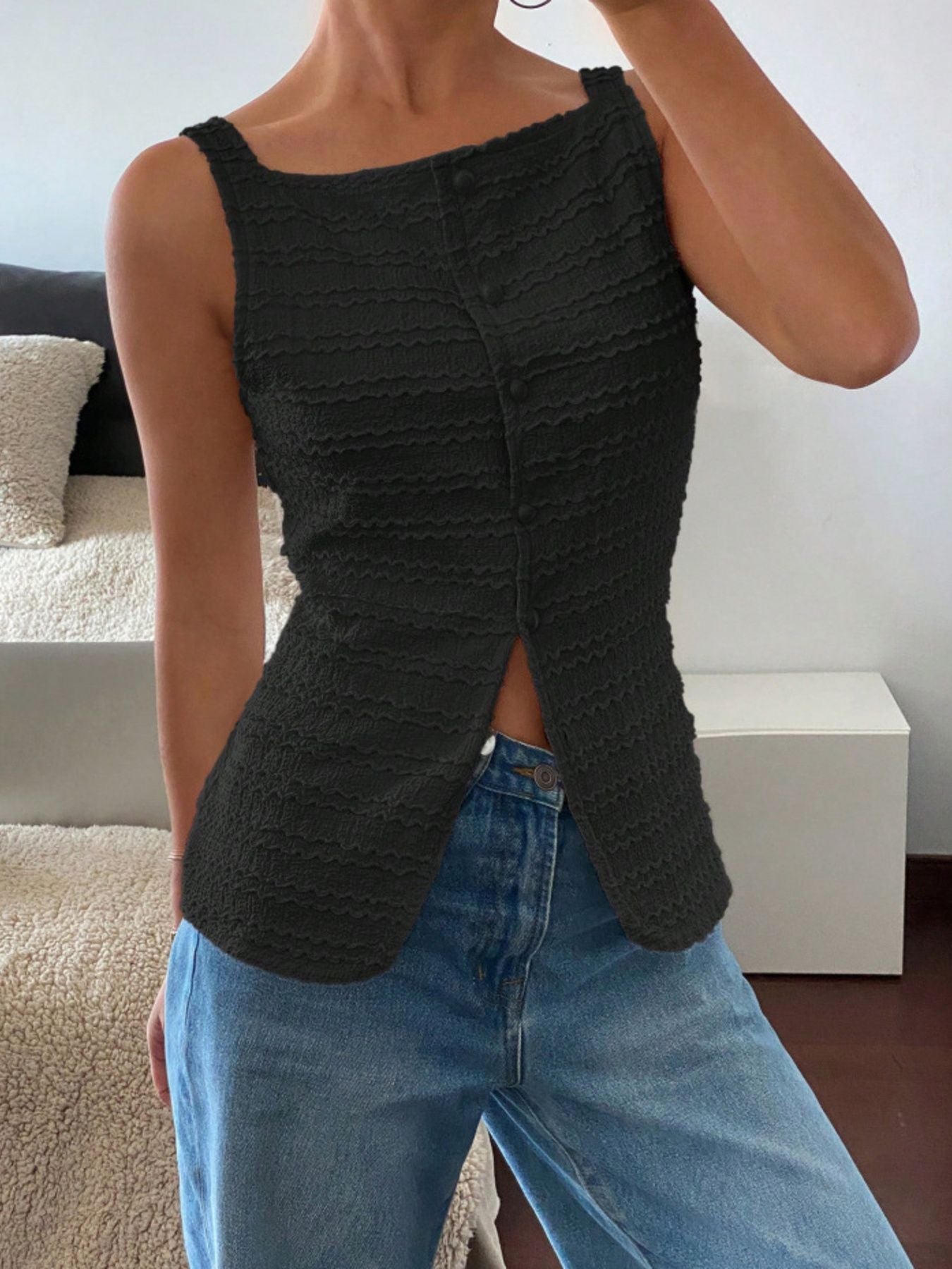 Women's Textured Button-Front Knit Tank Top