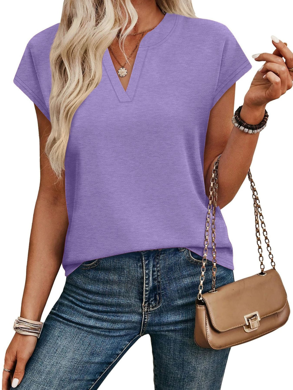 Women's Blue Notched Neck Short Sleeve Basic T-Shirt