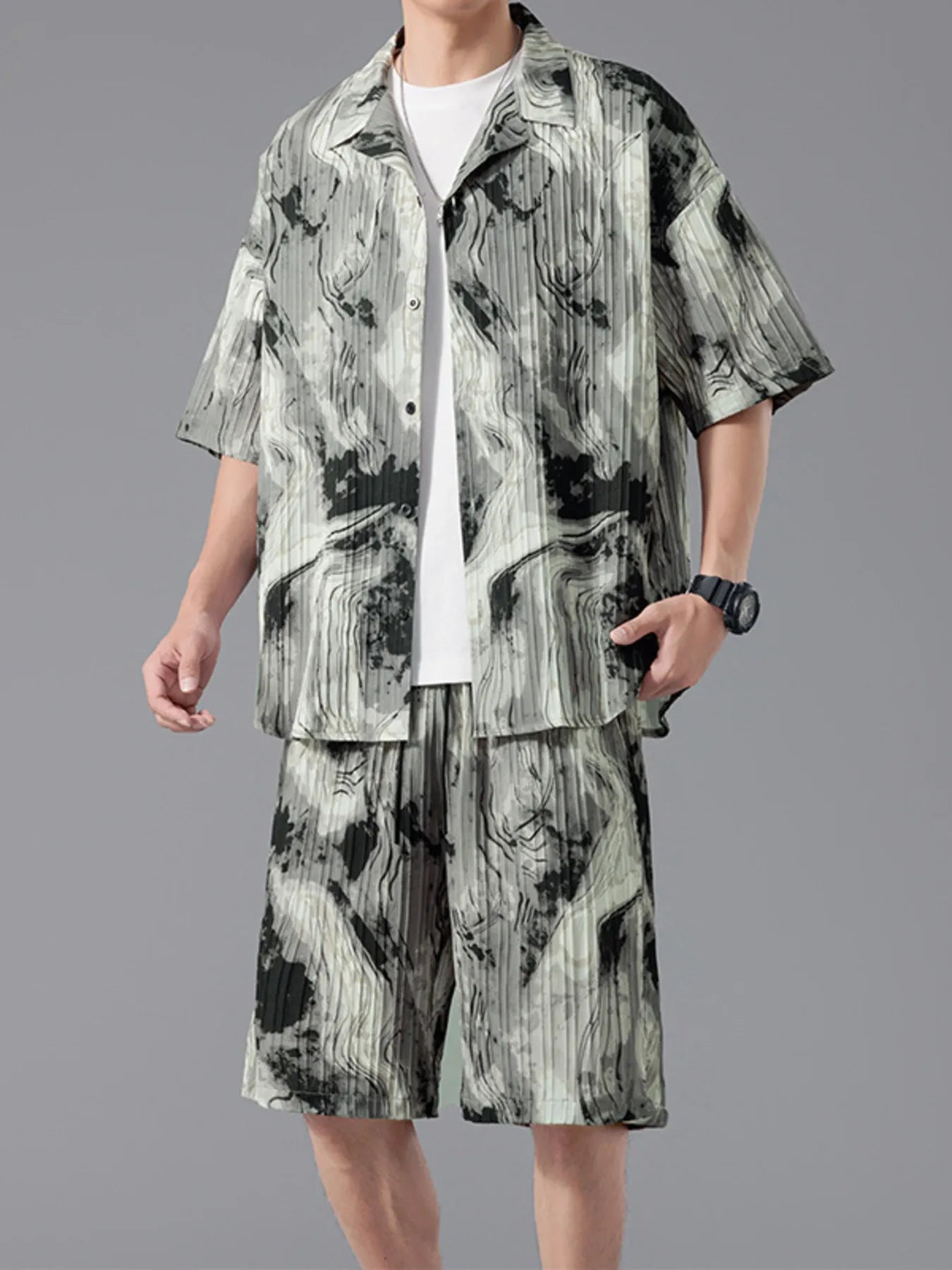 Men's Full Size Tie-Dye Casual Shirt and Shorts Set Plus Size