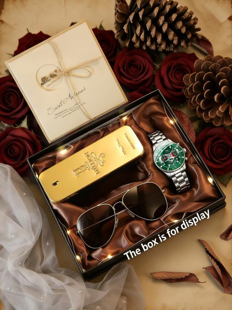 5Pcs Watch Set, Cool Stainless Steel Quartz Watch + Perfume + Decorative Glasses, Multiple Colors Available, Perfect Birthday Gift