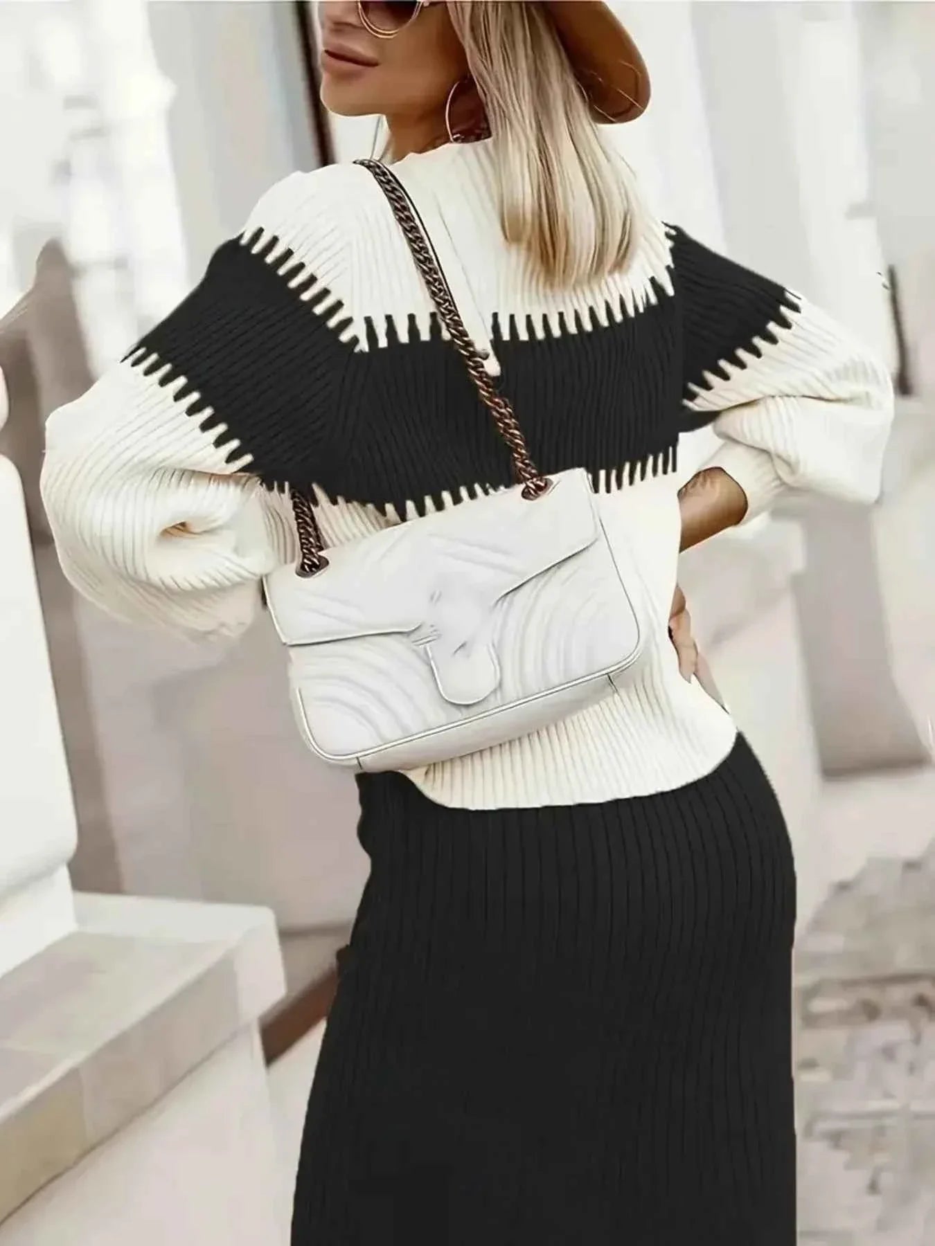 Two-Tone Ribbed Knit Sweater Set