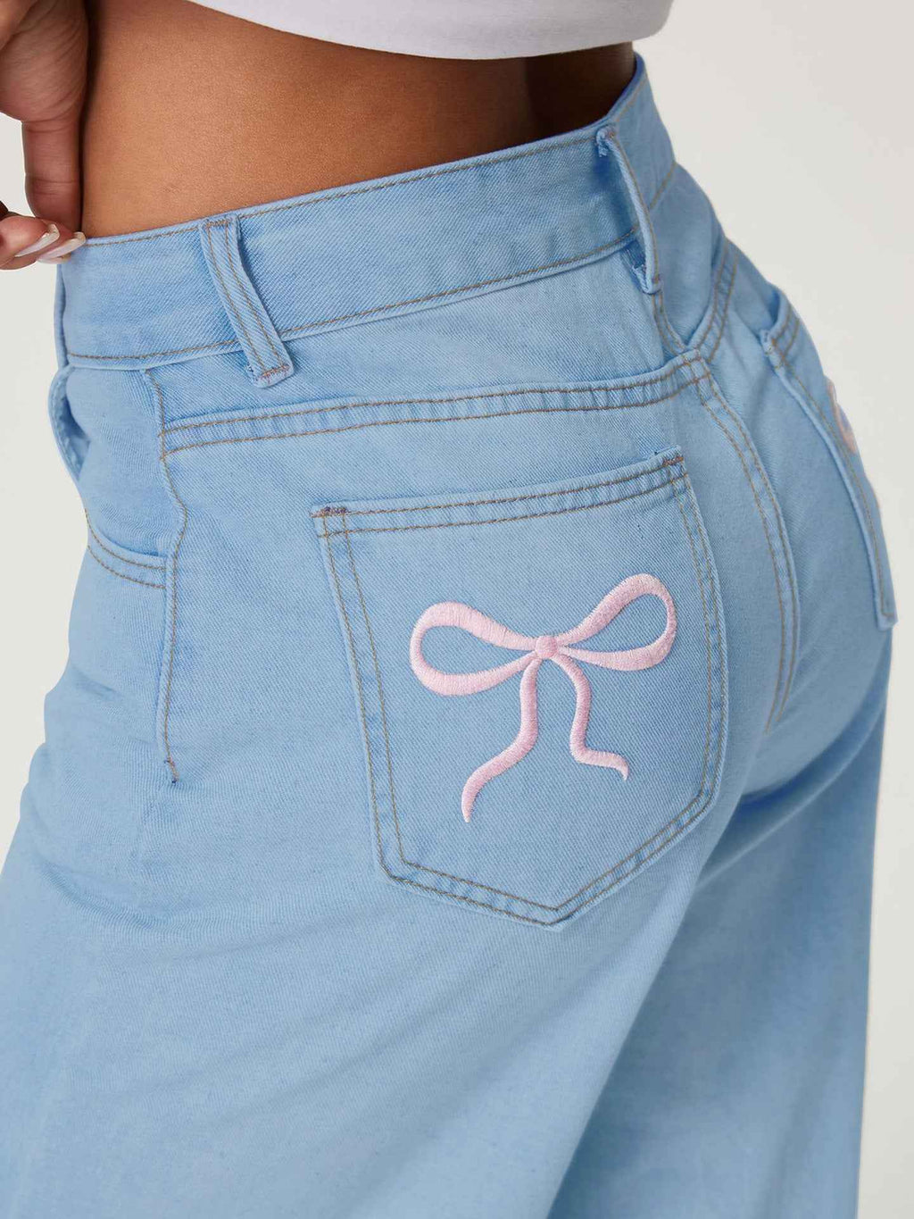 Embroidered Wide Leg Jeans with Bow Back