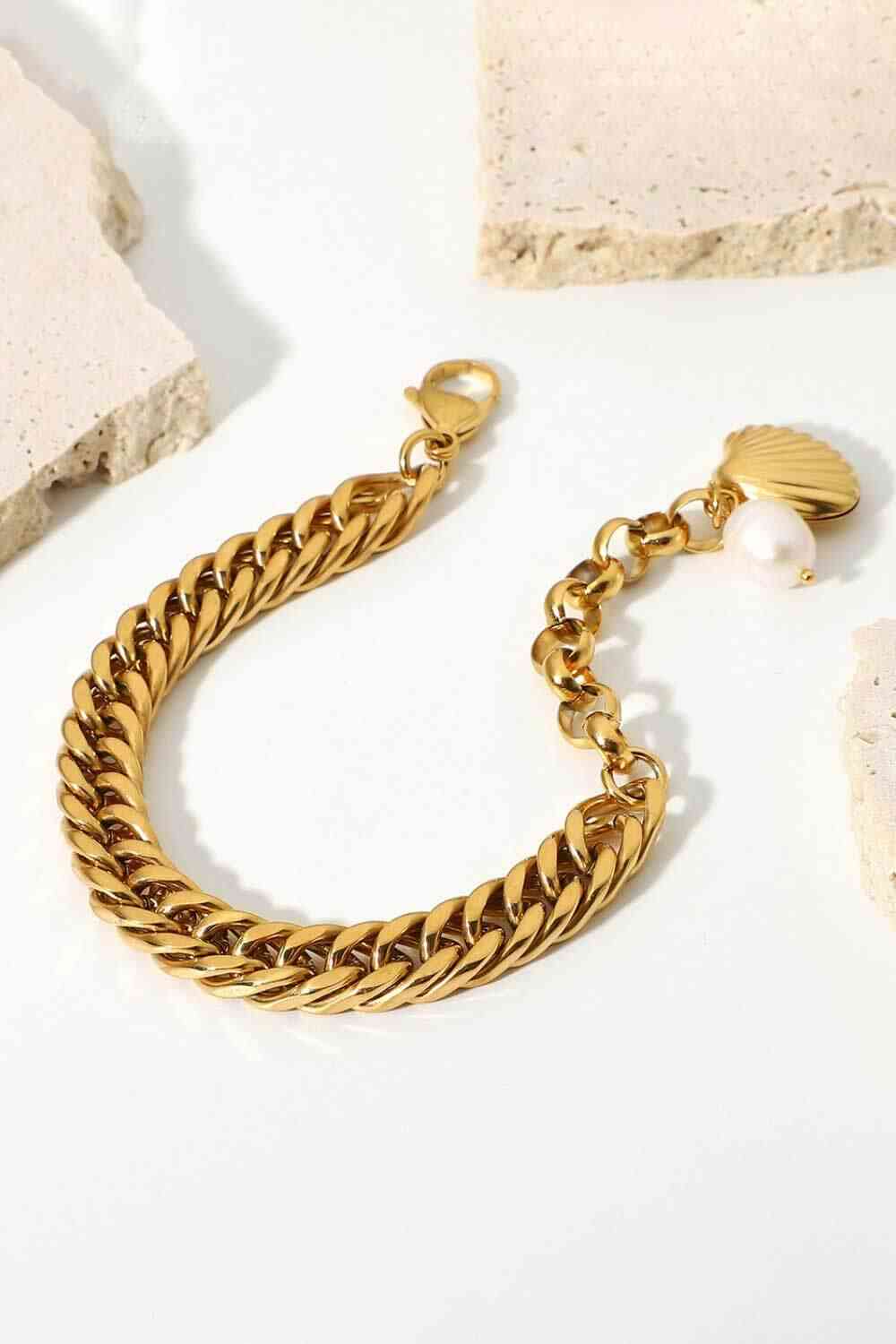 GlamGold 18K Gold-Plated Curb Chain Bracelet – Elegant Pearl Accent See size chart under “more details”