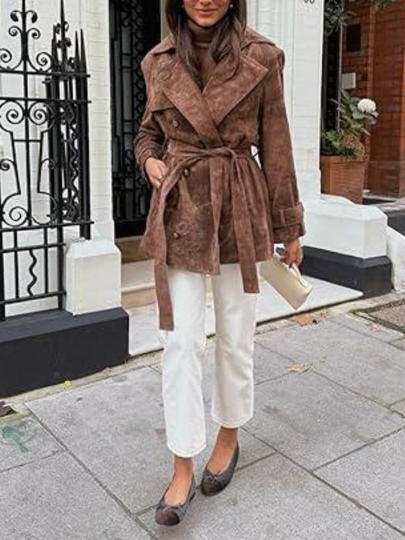 Women's Brown Double-Breasted Tie Waist Suede-Look Coat