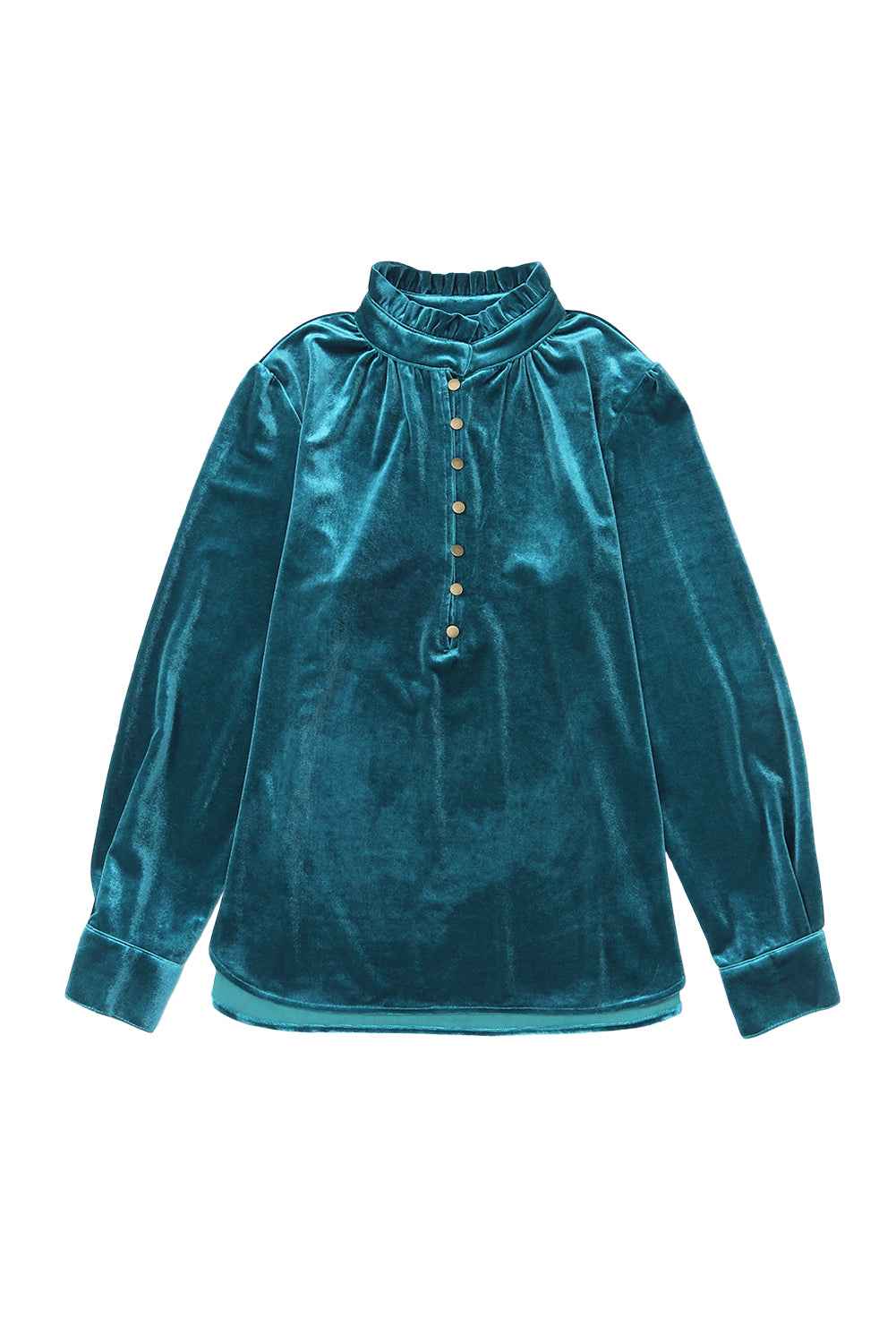 Green Frilled Neck Buttoned Front Velvet Women's Top