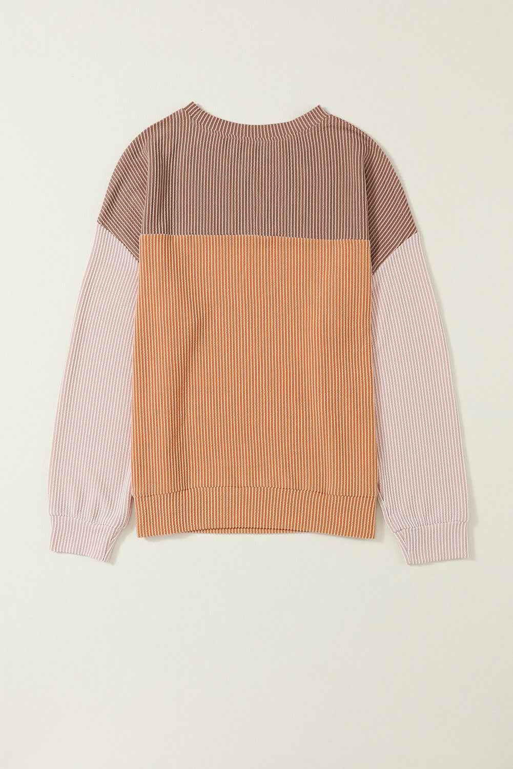 Color Block Ribbed Women's Top - Khaki Long Sleeve Loose Fit