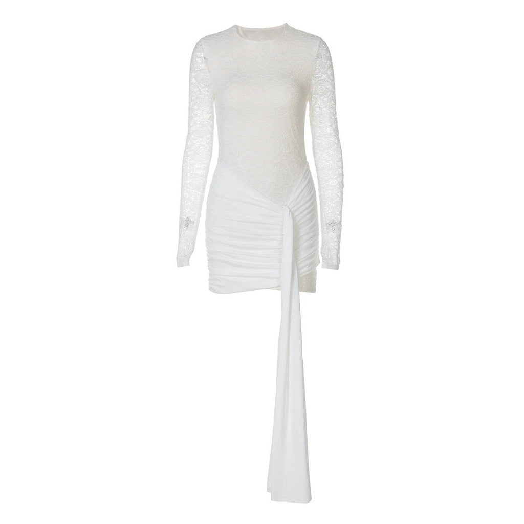 European And American Sexy Round Neck Lace Stitching Long Sleeve Slim Fit Dress