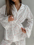 Heart Print Ruffle Trim Button-Up Cotton Lounge Set