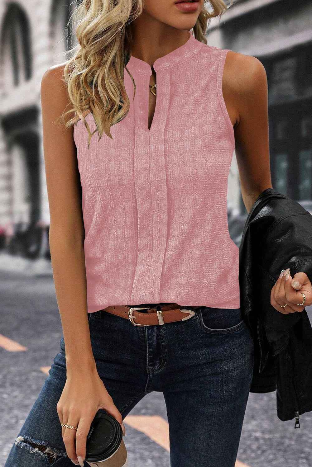 Sleeveless Top - Textured Split V Neck Women's Blouse