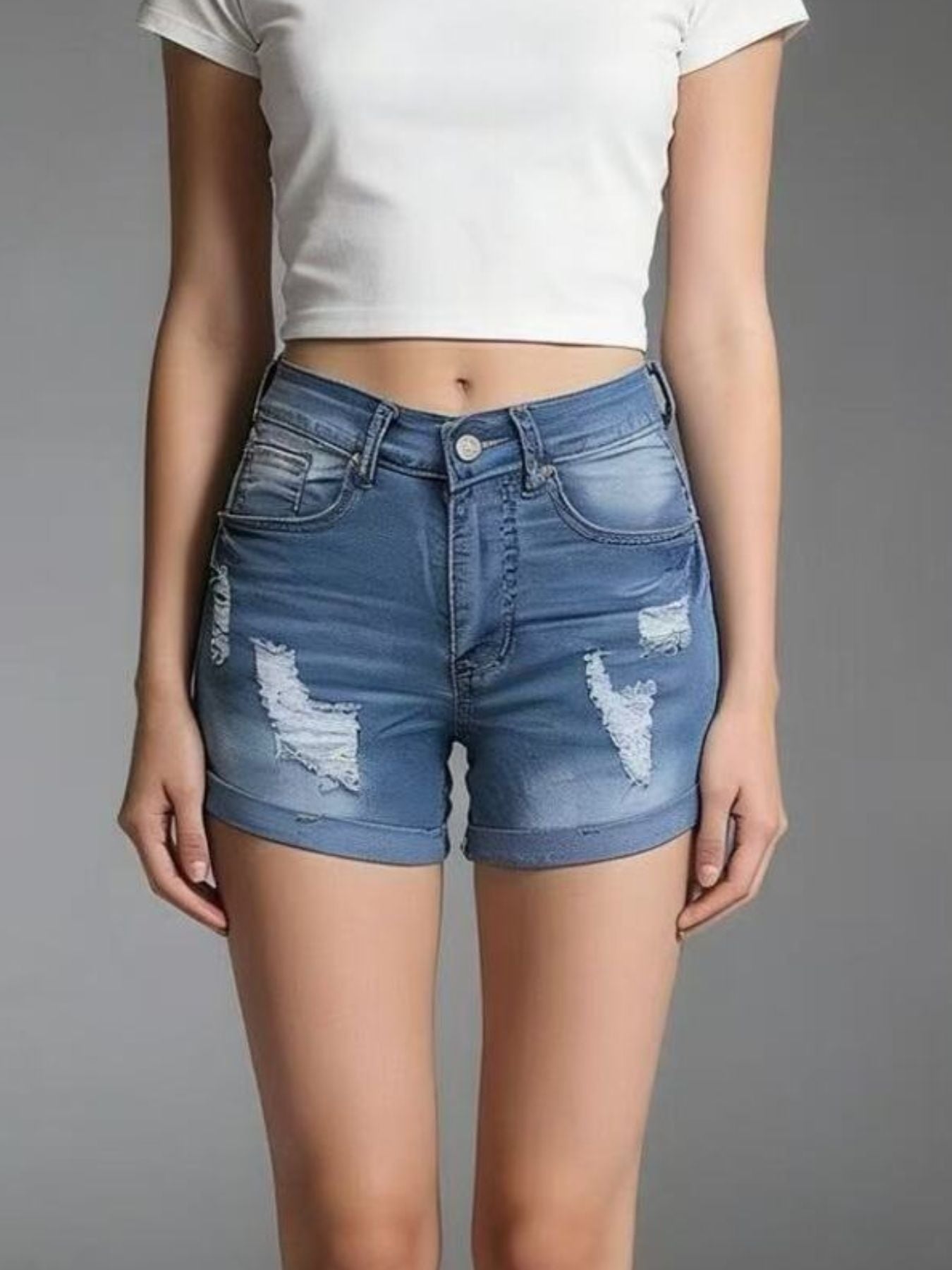 Women's Distressed Wash Denim Shorts with Cuffed Hem Details