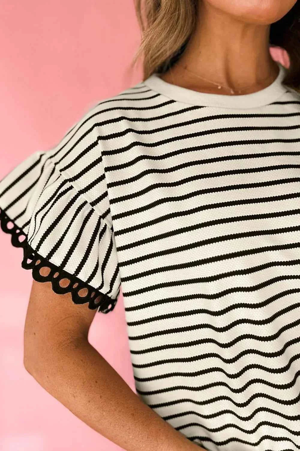 Striped Ruffle Sleeve Round Neck Blouse