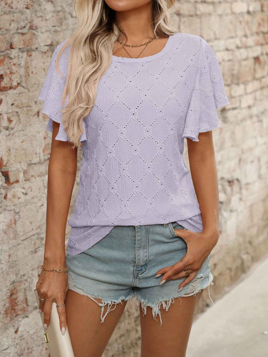 Eyelet Flutter Sleeve Round Neck Top