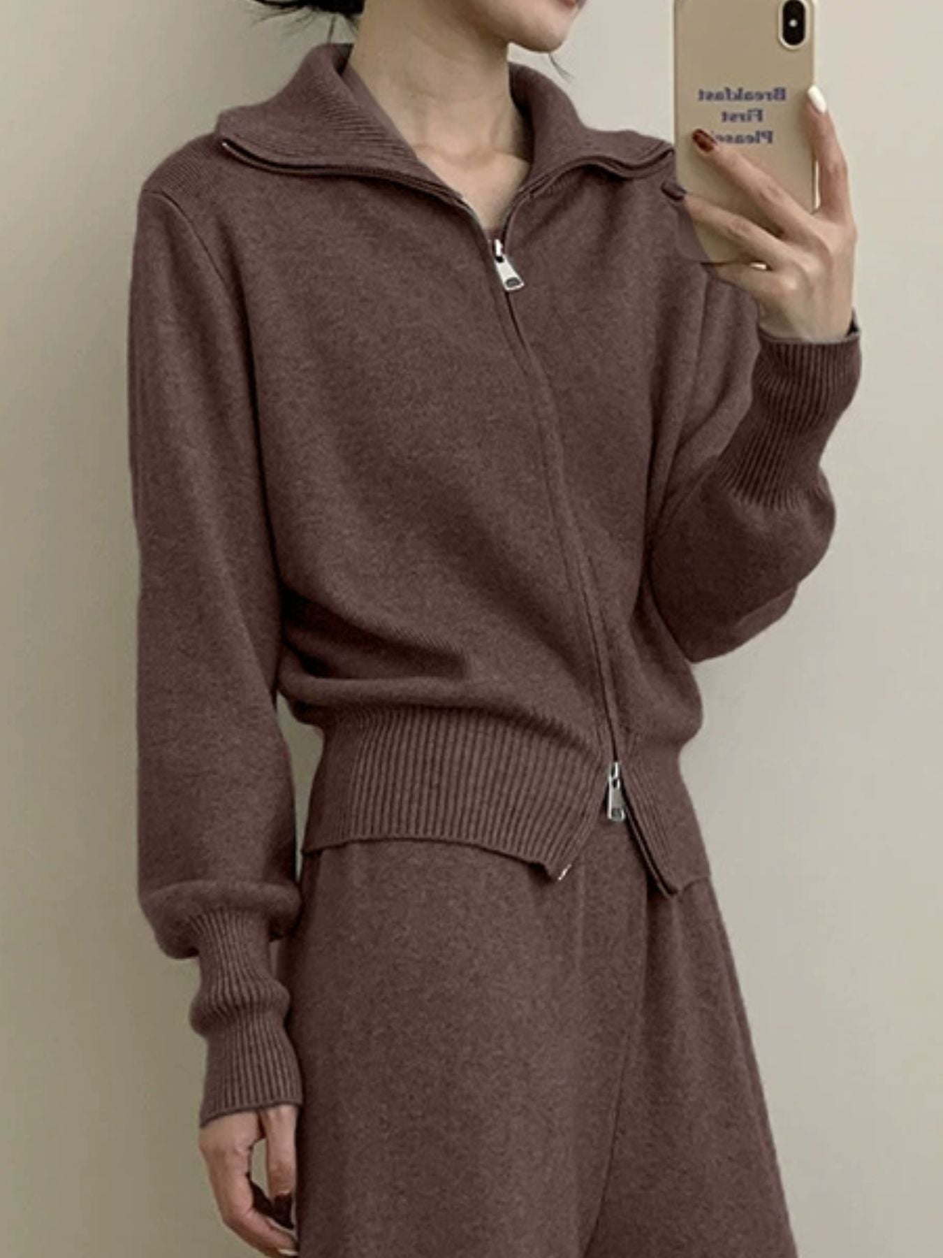 Women's Zip Up Collared Loungewear Set with Wide Leg Pants