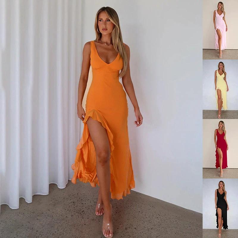 Women's Ruffles Split Suspender Dress Sexy Slim-fit V-neck Evening Party Dresses Clothing