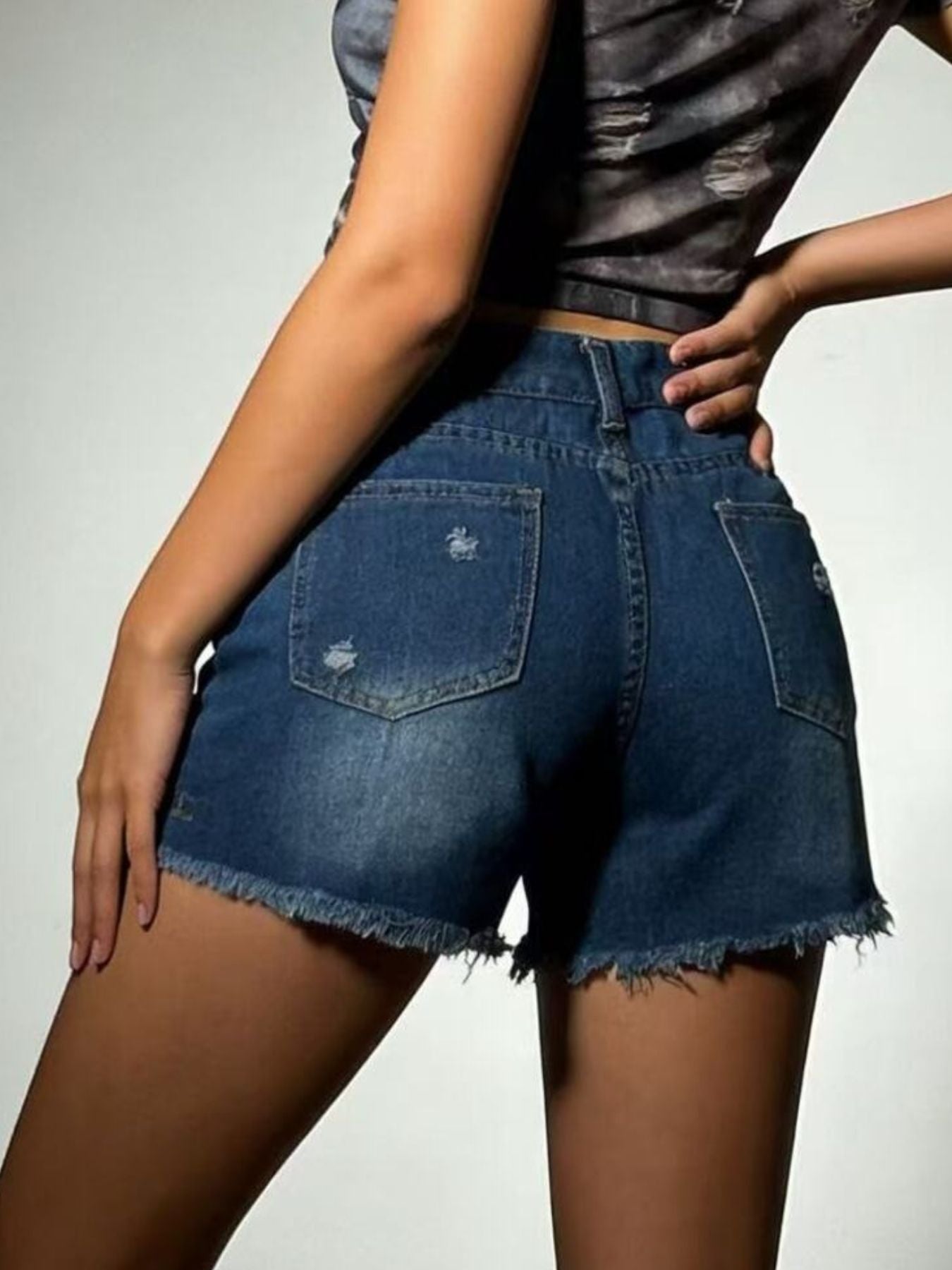 Women's High Rise Distressed Frayed Hem Denim Shorts