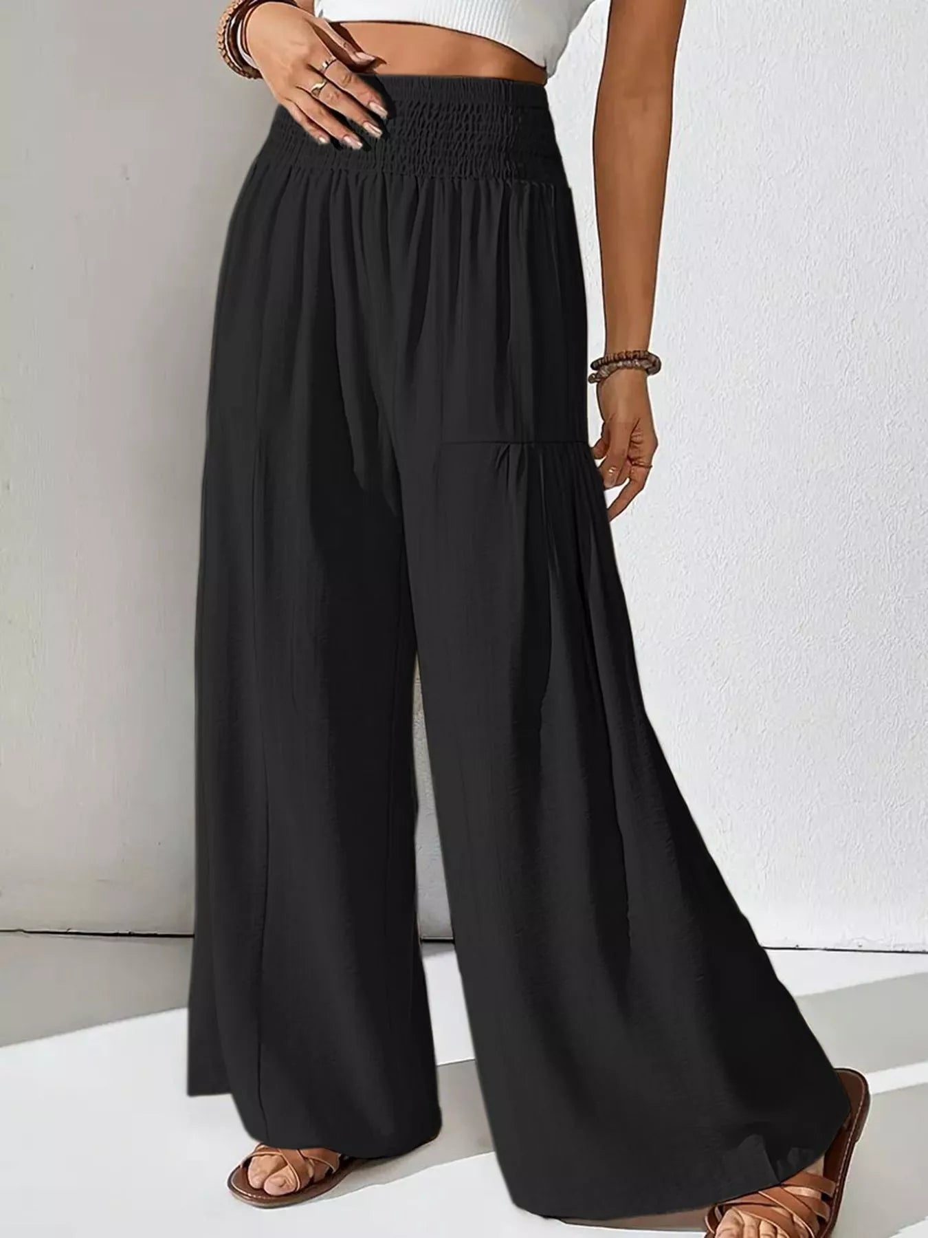 Women's Khaki Smocked Waist Wide Leg Flowy Casual Pants