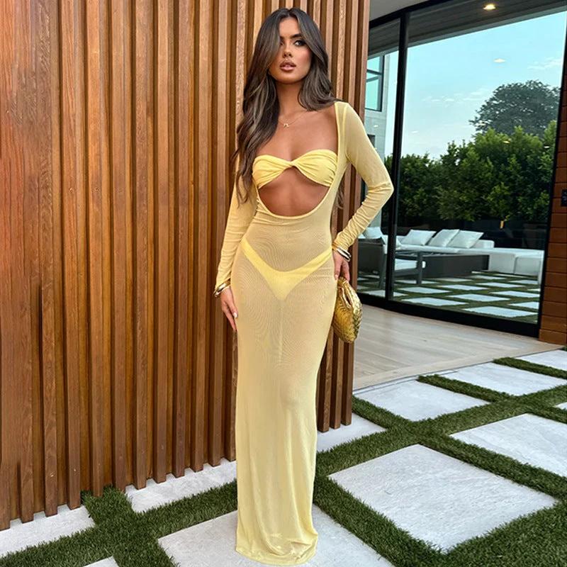 Sexy See-through Temptation Midriff Outfit Bandeau Slim-fit Long Sleeve Tight Dress