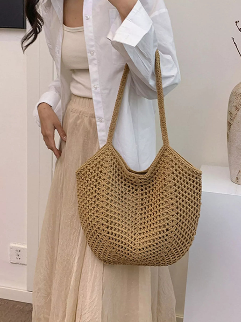 Large Woven Straw Shoulder Bag in Natural Beige