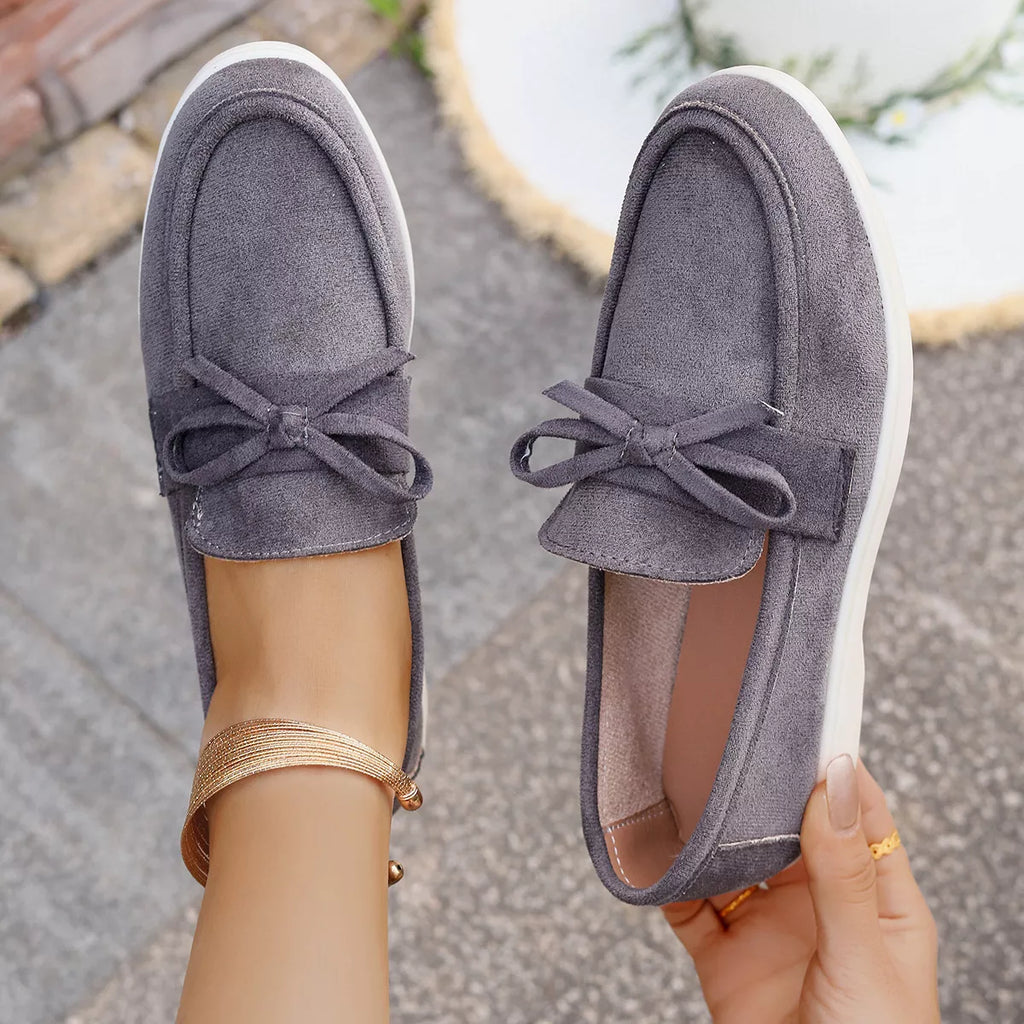 Women's Gray Suede Bow Slip-On Flats Round Toe Casual Shoes