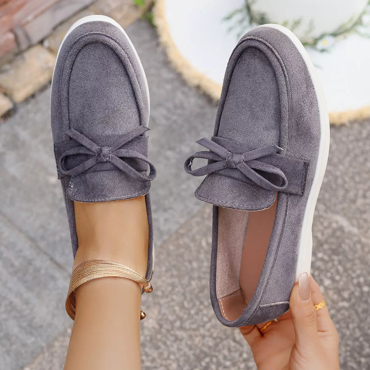 Women's Gray Suede Bow Slip-On Flats Round Toe Casual Shoes