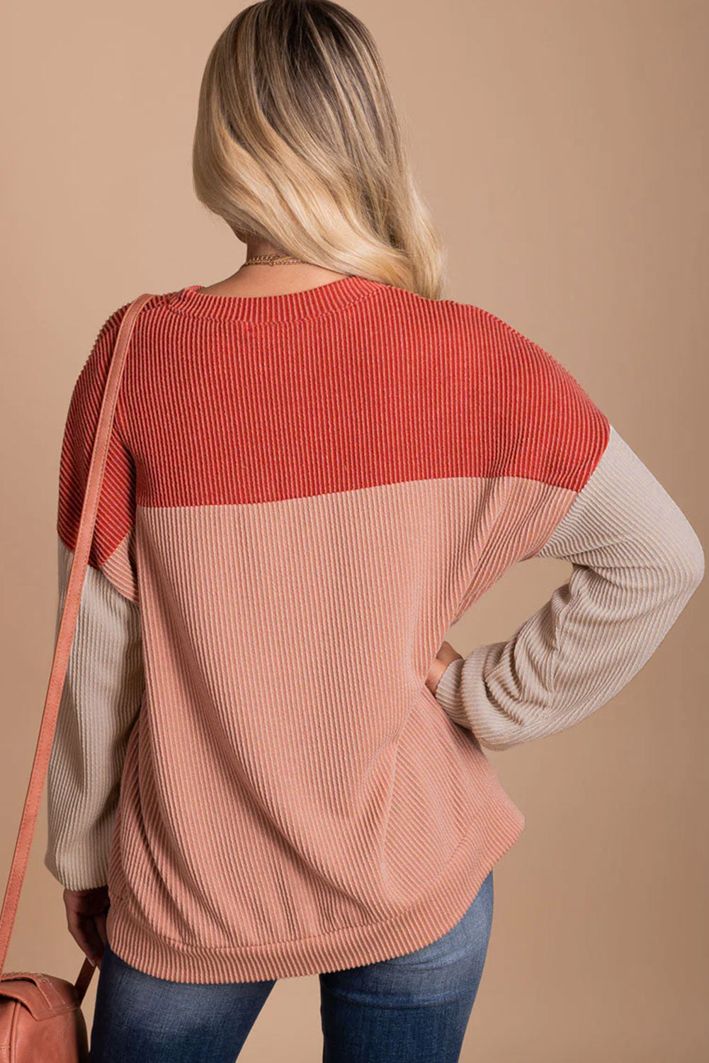 Khaki Color Block Long Sleeve Ribbed Loose Women's Top