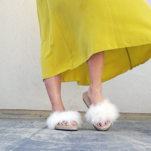 White Feather Espadrille Flat Slide Slippers for Women | Handmade Vegan Leather Sandals