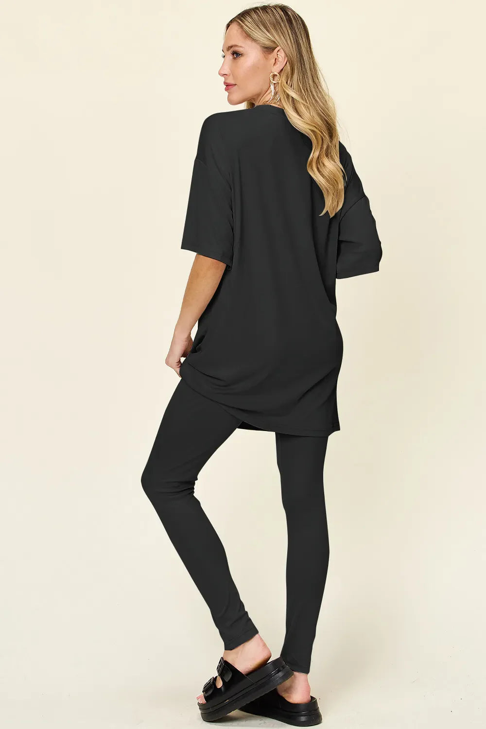 Women Two Piece T Shirt And Leggings Set With Dropped Shoulder Round Neck Full Size Comfortable Everyday Casual
