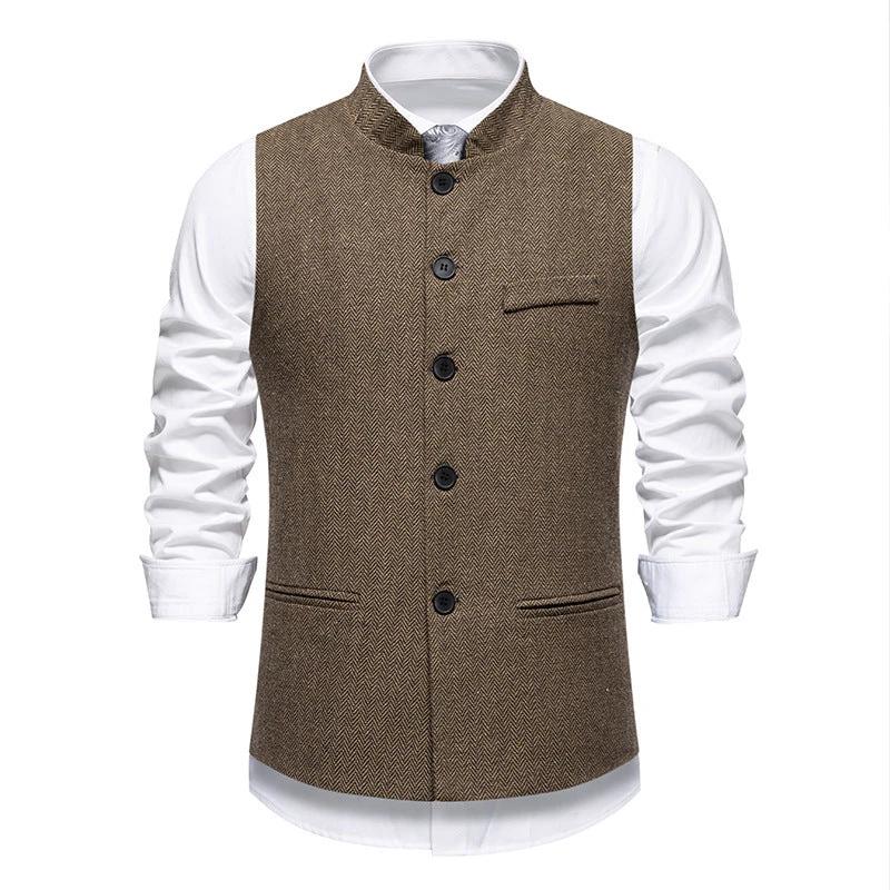 Men's Retro Stand Collar Herringbone Solid Color Suit Vest