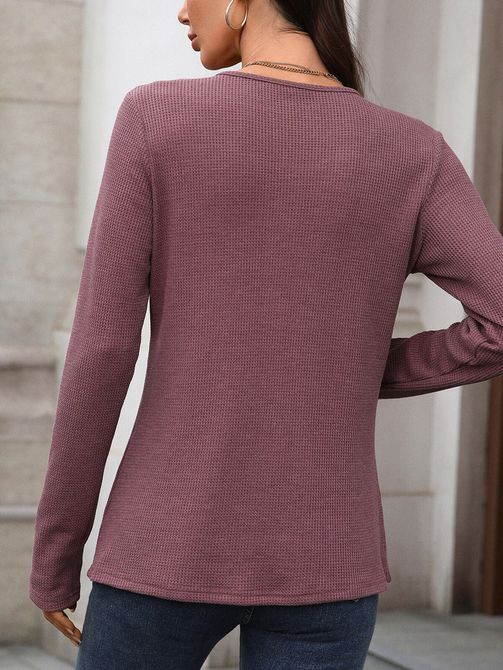 Women's Waffle Knit Buttoned Long Sleeve Henley T-Shirt