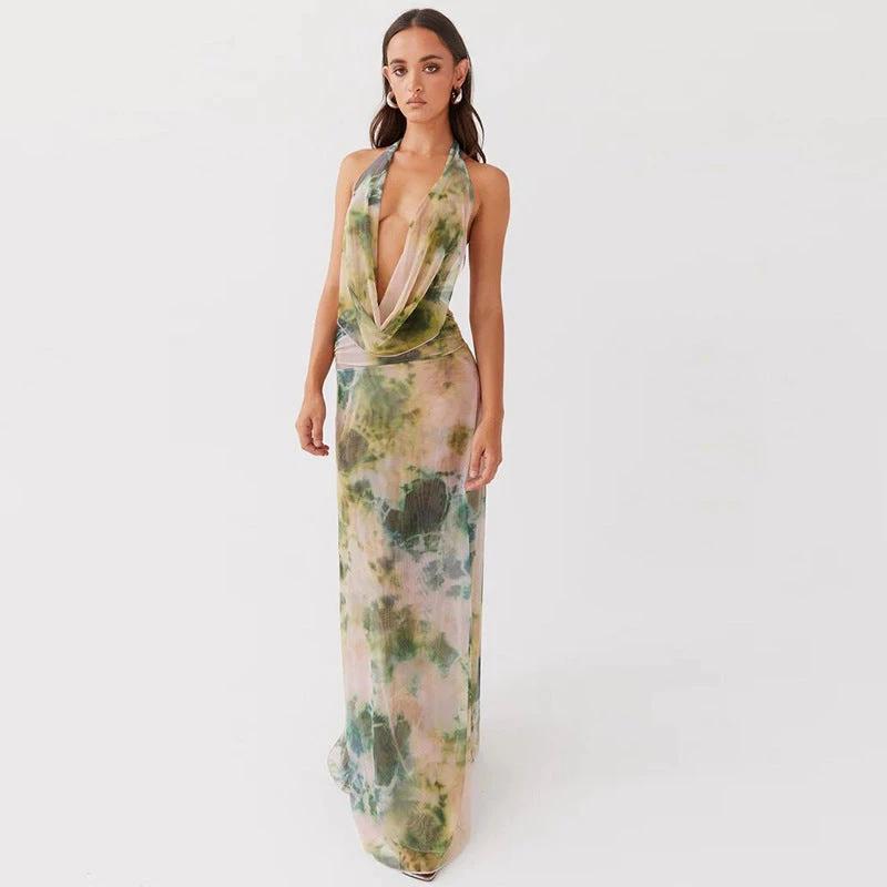 2pcs Tie Dye Printing Deep V-neck Suits Fashion Halter Backless Skirt For Beach Party Womens Clothing