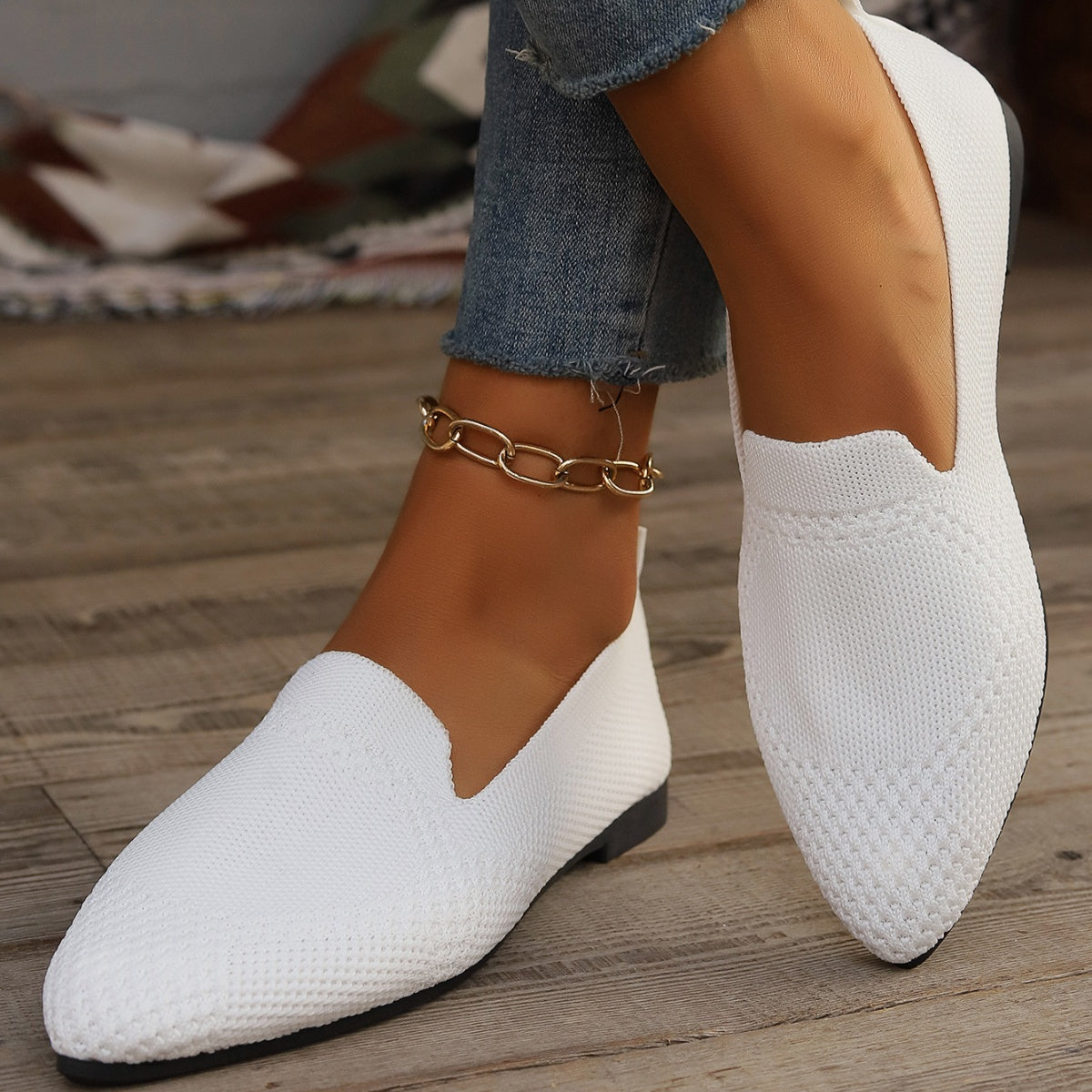 Women's Black Pointed-Toe Mesh Slip-On Flats Breathable Shoes