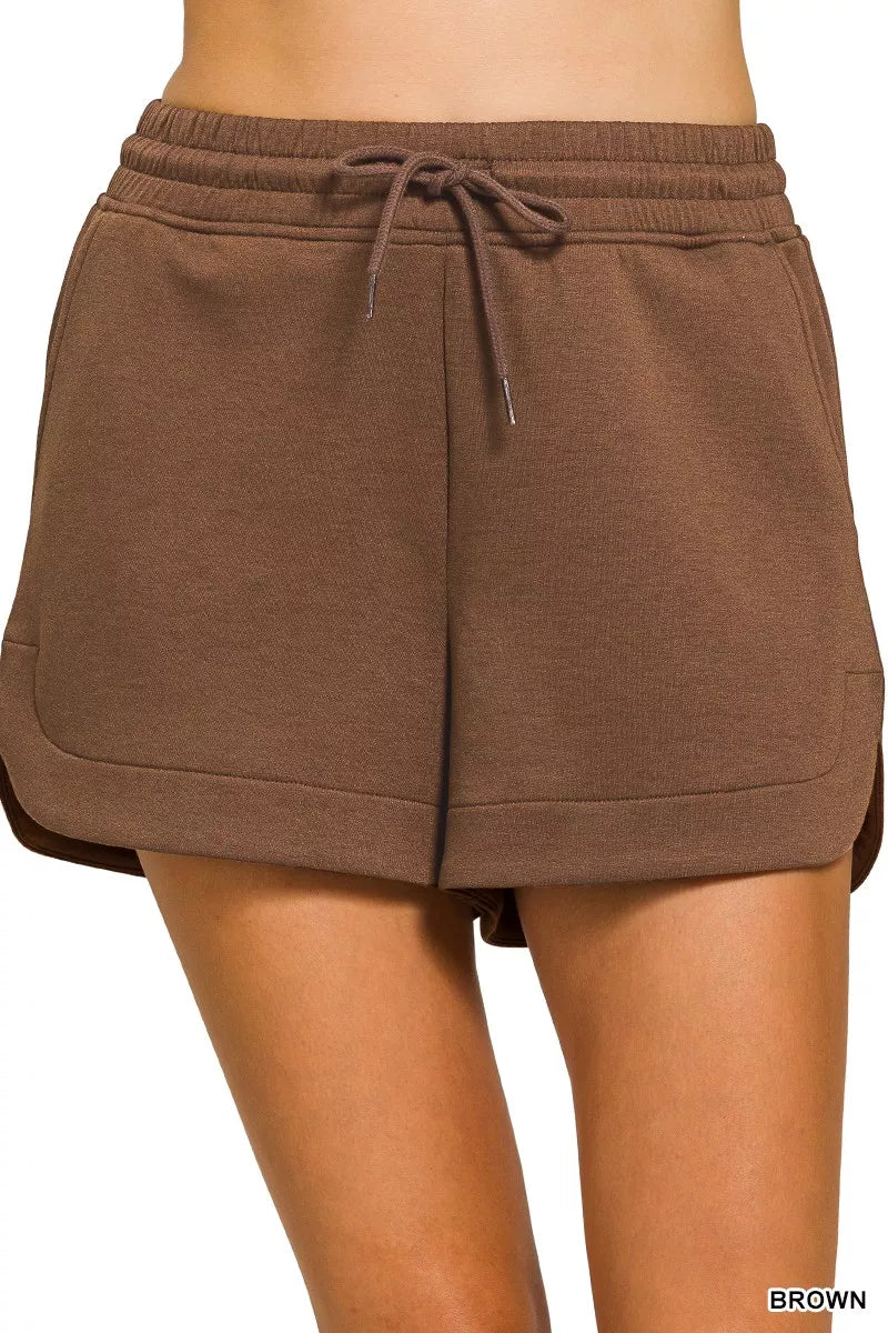 Women's Brown Scuba Elastic Waistband Shorts with Side Pockets