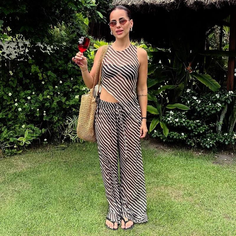 Women's Sleeveless Diagonal Stripes See-through Irregular Top Suit