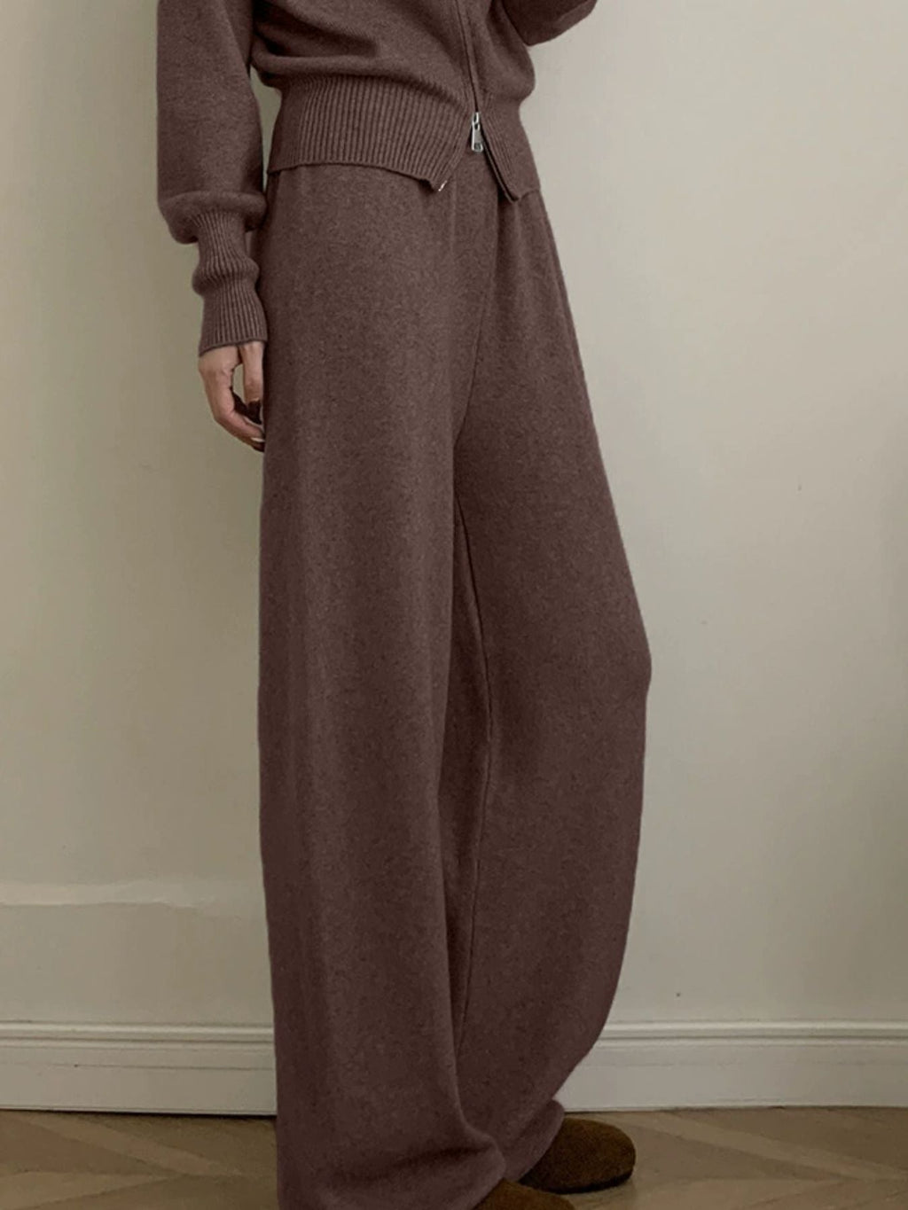 Women's Zip Up Collared Loungewear Set with Wide Leg Pants