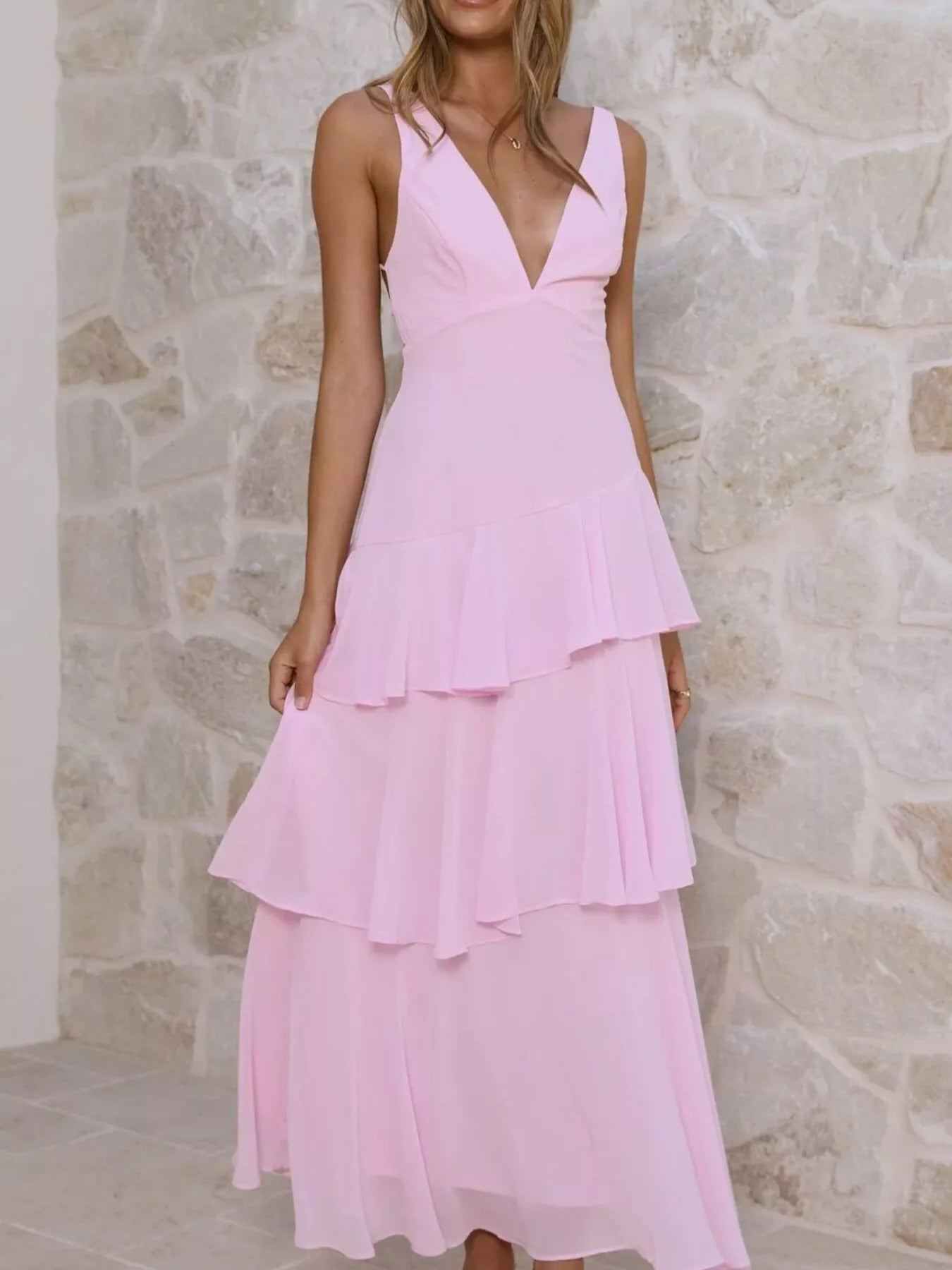 Yellow Sleeveless Ruffled Tiered Maxi Dress for Summer Events