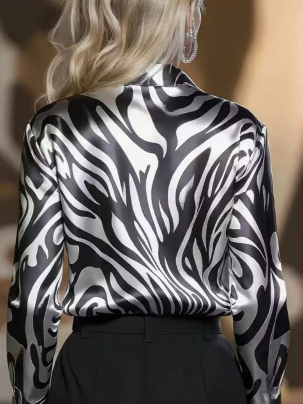 Zebra Print Satin Button Up Shirt | Black & White
