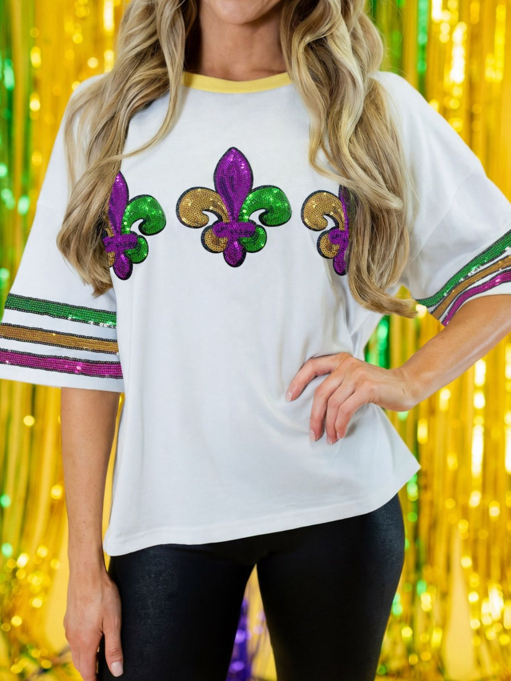 White Sequin Mardi Gras Fleur De Lis Graphic T-Shirt