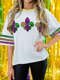 White Sequin Mardi Gras Fleur De Lis Graphic T-Shirt