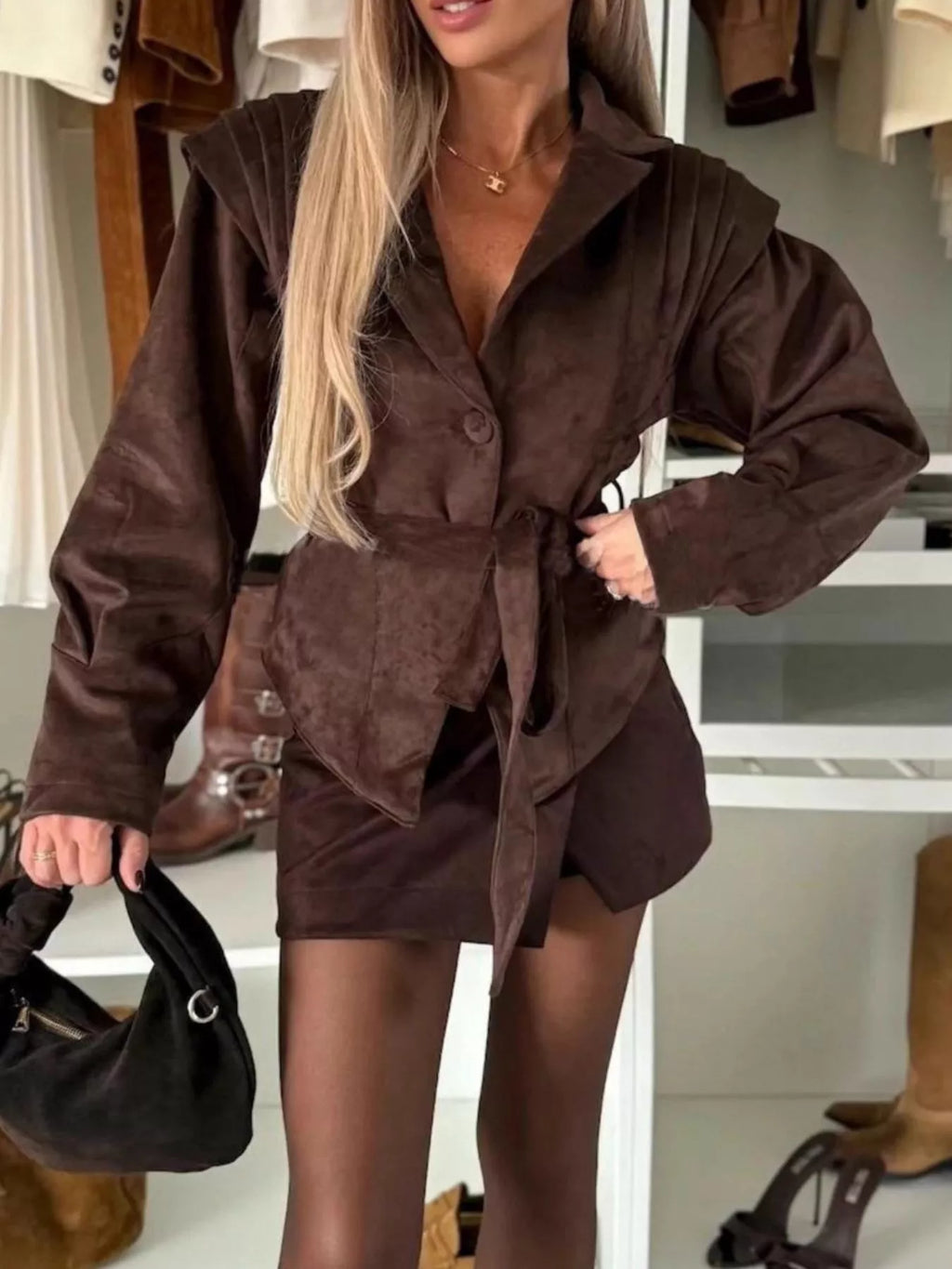 Women's Dark Brown Suede Feel Ruched Lapel Jacket with Tie Waist