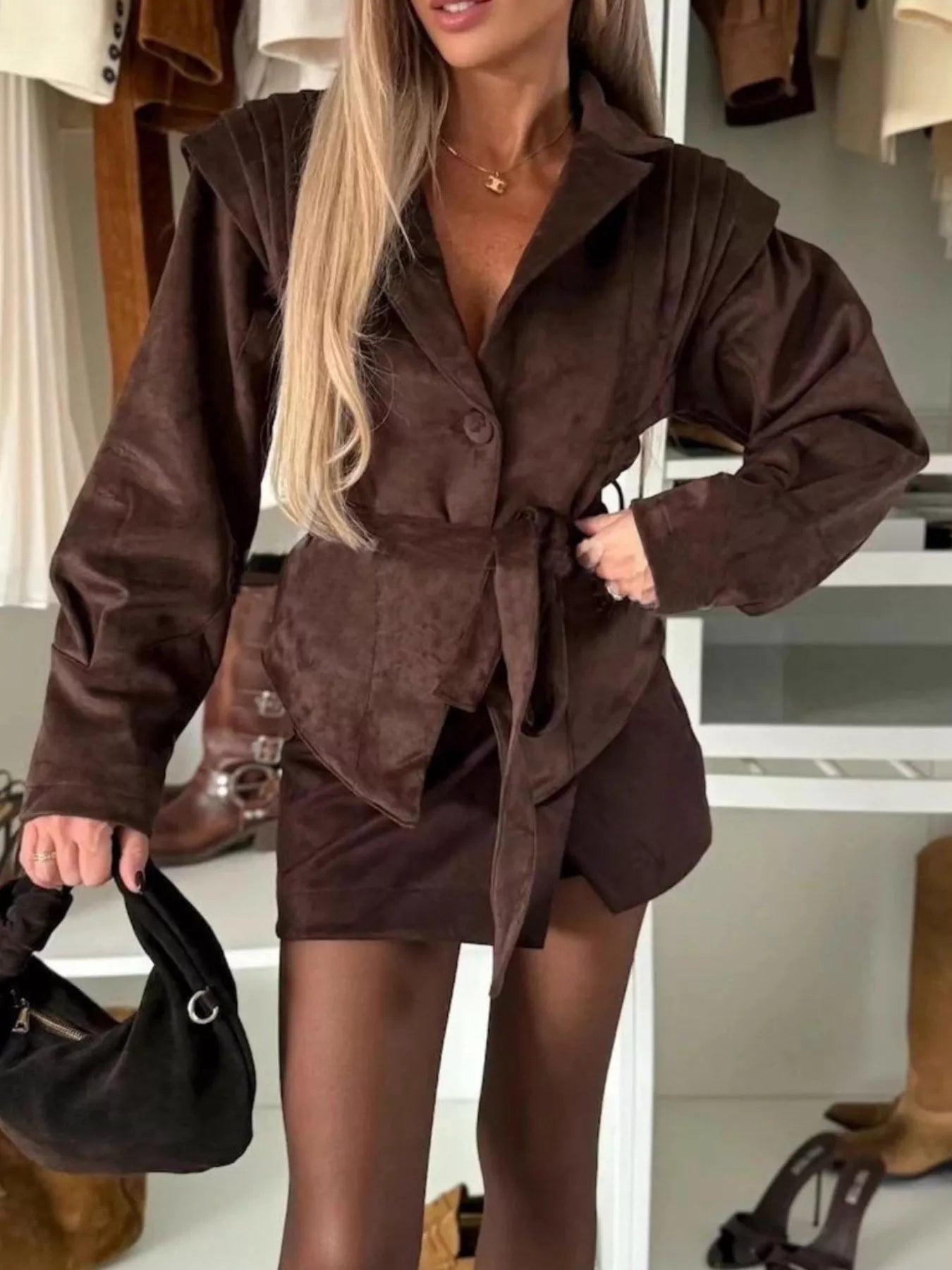 Women's Dark Brown Suede Feel Ruched Lapel Jacket with Tie Waist