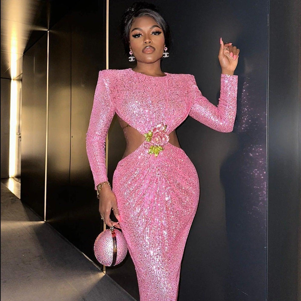 First Kiss Pink Glitter Sequins Flowered Maxi Dress