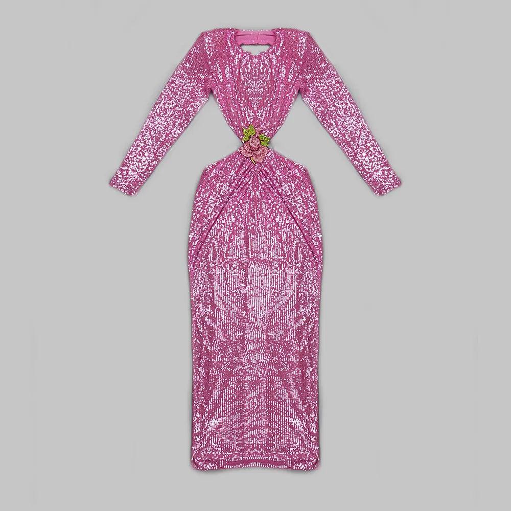 First Kiss Pink Glitter Sequins Flowered Maxi Dress
