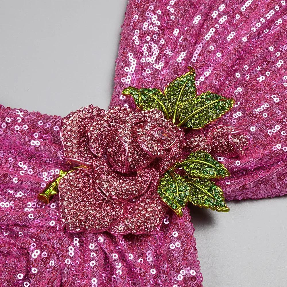 First Kiss Pink Glitter Sequins Flowered Maxi Dress