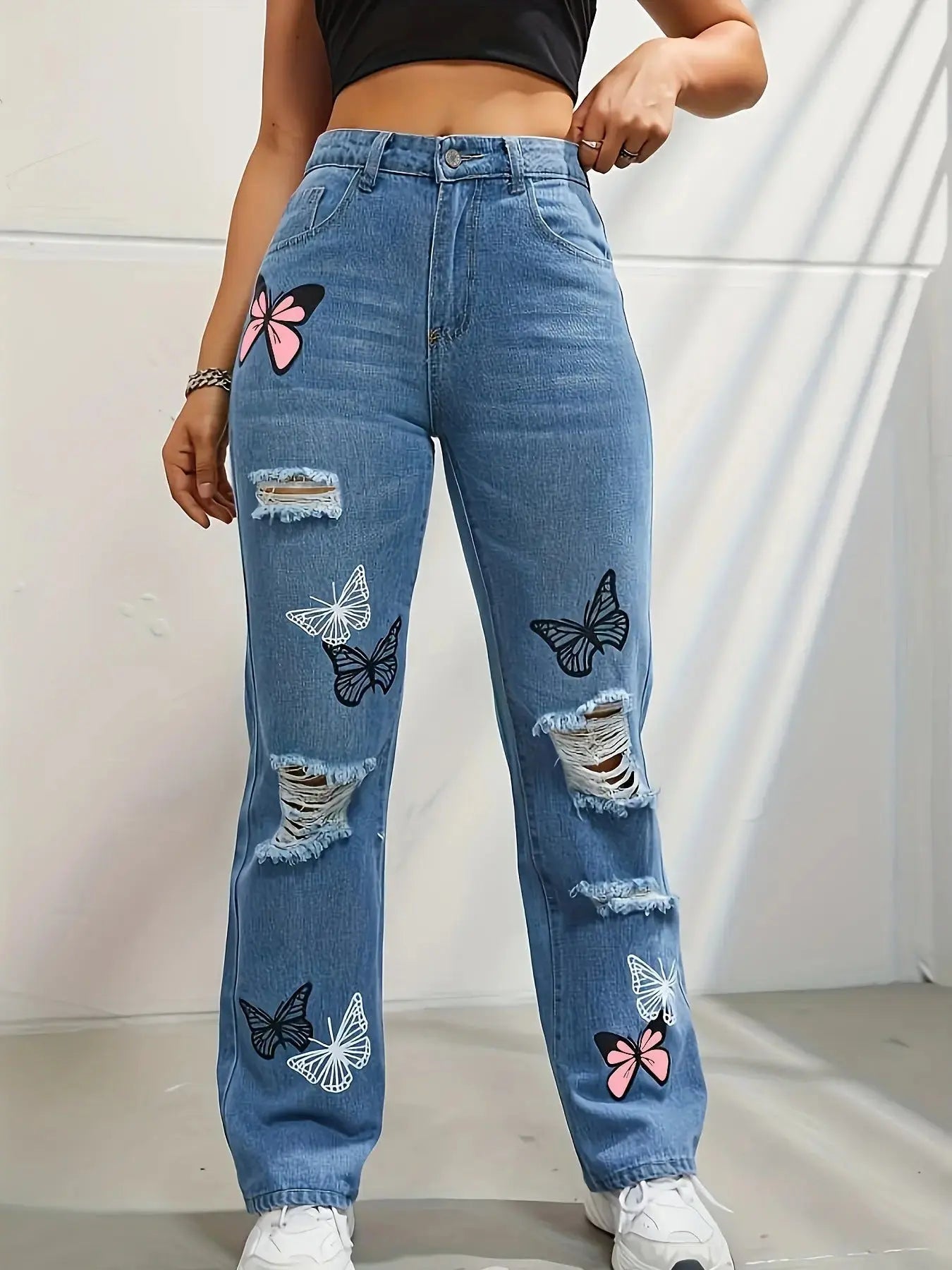 High Waist Distressed Jeans | Flairé™ Butterfly Print Denim