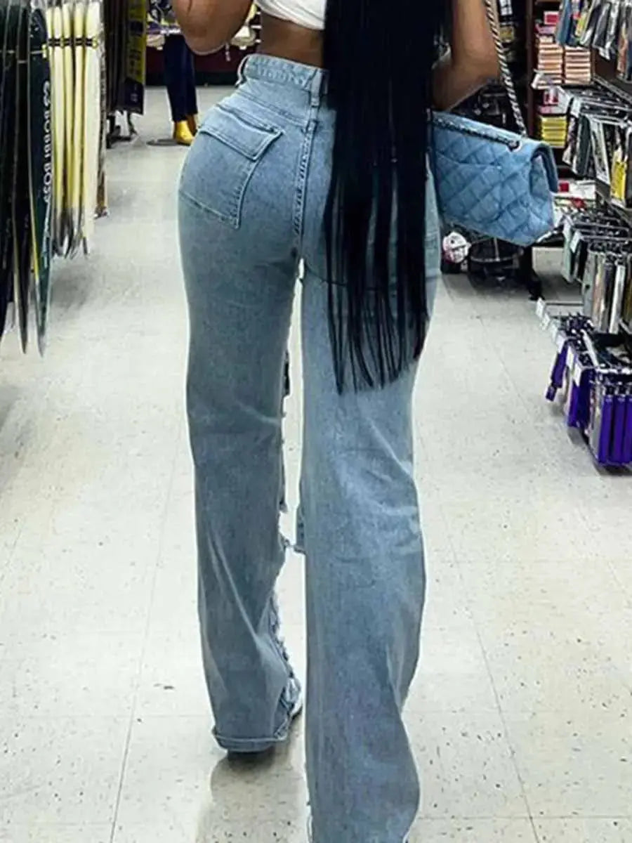 Flairé™ High Waist Ripped Jeans Women – Distressed Raw Hem Denim Pants