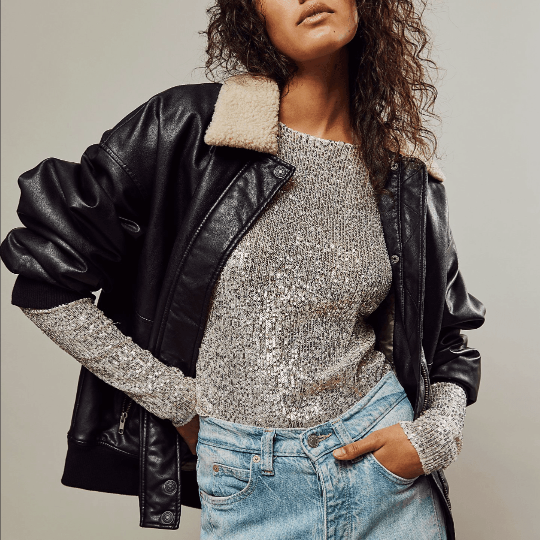 Flashback Silver Sequined Long-Sleeve Crop Top