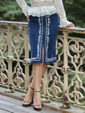 Floral Embroidered Front Slit Denim Skirt