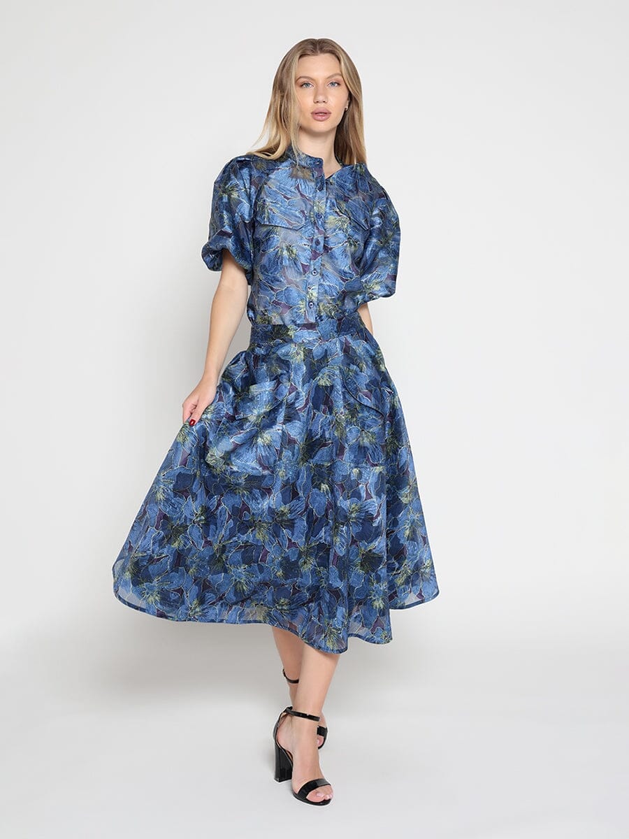 Floral Print Puff Sleeve Organza Top